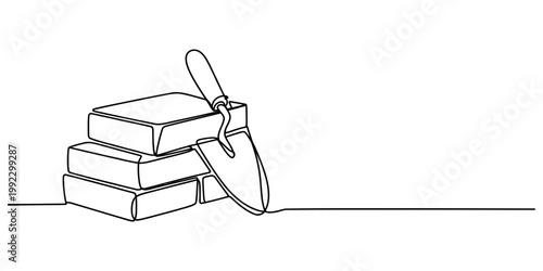 Quadro em tela A single continuous line drawing of a brick stack and a professional masonry trowel tool on a plain white background design