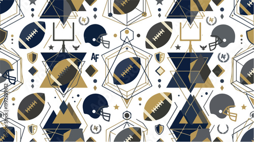 Geometric American football seamless pattern with navy helmets, footballs, goalposts, stars and gold shapes on white