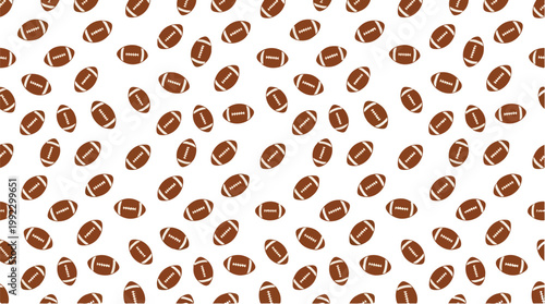 Seamless repeating pattern of brown American footballs with white laces on clean white background