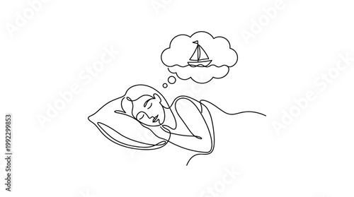 Continuous Line Drawing of Sleeping Person Dreaming of Boat Minimalist Vector