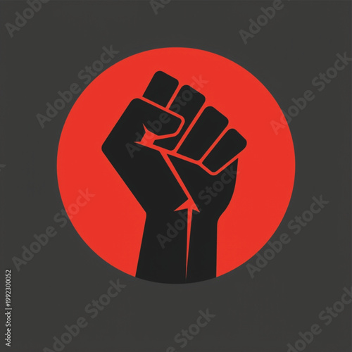 Social Justice and Solidarity Concept: Raised Fist Vector Icon on Red Circle Background for Revolution, Protest, Human Rights, Black Lives Matter, Activism, Strength, and Freedom Symbol Illustration.