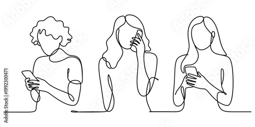 Three different people using their modern mobile phones in a continuous black line art style on white background Vector, illustration
