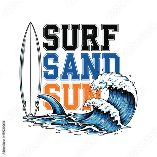 Surfing illustration with a surfboard and wave on a sunny day at the beach design