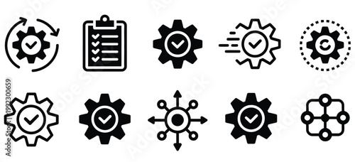 Gear settings icon set vector illustration featuring execution, process, system evaluation, efficiency, business management, project task implementation, operation, and optimization symbols