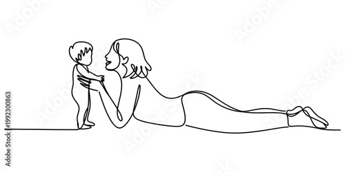 A beautiful continuous line drawing showing a loving mother lying on the floor while interacting with her sweet little baby. Vector, illustration