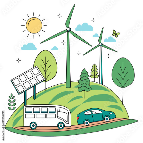 Bilde på lerret A colorful illustration of eco-friendly transportation and renewable energy sour