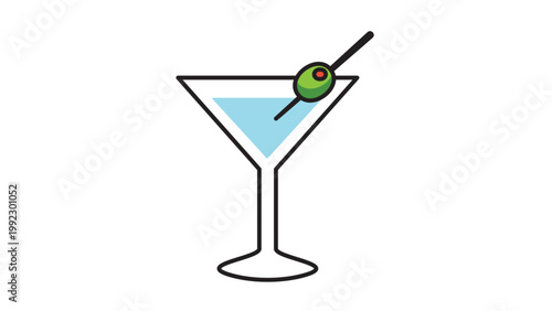 Martini Glass Vector Icon Illustration with Editable Stroke. Modern flat design of a cocktail glass with light blue drink and green olive garnish. Scalable graphic for bar, party, and nightlife.