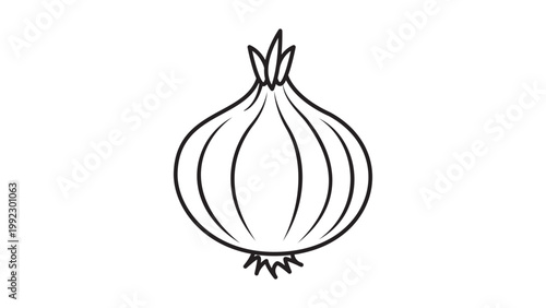 Minimalist Onion Vector Icon with Editable Stroke. Hand-drawn black line art illustration of a round onion bulb with paper skin and roots, isolated on white background for food and cooking design.