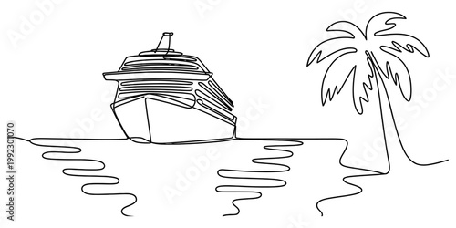 Continuous line drawing of a large cruise ship sailing on the ocean next to a tropical palm tree on the beach. Vector, illustration