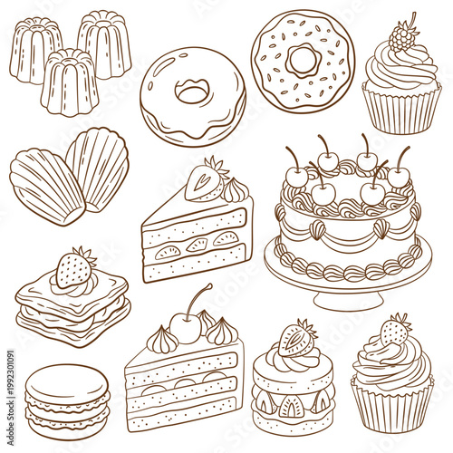 Set of hand-drawn dessert and pastry line art illustrations including cakes, cupcakes, and donuts