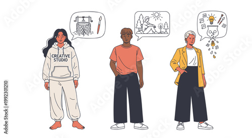 Diverse people thinking, creative minds, speech bubbles, illustrations, flat design