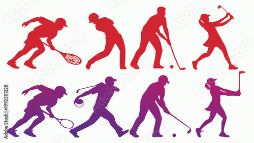 Vector illustration set of colorful sports silhouettes including tennis and golf with athletes, silhouettes