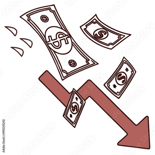 A vector graphic illustration of falling money and a downward arrow indicating financial loss