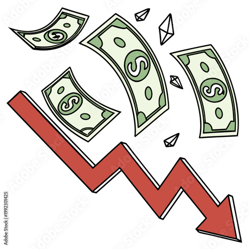 A vector graphic illustration of falling money and a downward trending red arrow