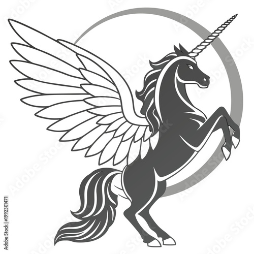 Vector illustration of a majestic pegasus unicorn in a circle frame with mythical silhouette illustration