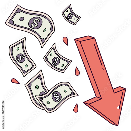 A cartoon illustration of falling dollar bills and a red downward arrow indicating financial loss