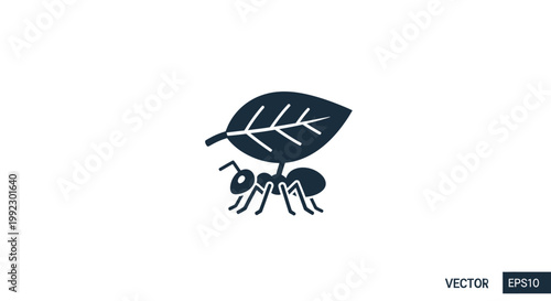 Black Ant Carrying Large Leaf Vector.