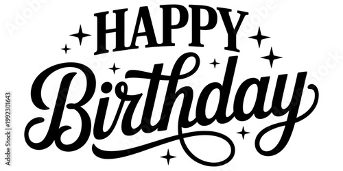 A festive and elegant happy birthday text graphic featuring decorative star symbols on a clean white background. Vector, illustration