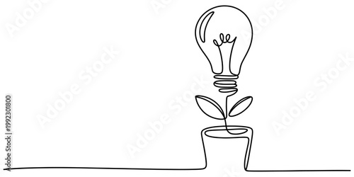 A single continuous line drawing of a light bulb growing from a small flower pot on a plain white background. Vector, illustration