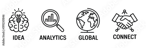 Business doodle icons, minimal hand drawn vector set illustrating growth, strategy, connection, ideas, analytics, and global expansion with clean black line art isolated on white background for modern