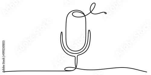 A minimalist single line drawing of a vintage studio microphone representing broadcast media and audio podcasting. Vector, illustration