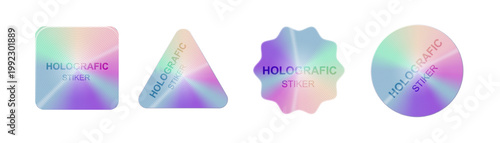 Holographic stickers. Hologram labels shapes. Holographic textured stickers for preview tags, labels. Sticker for design mockups. Vector