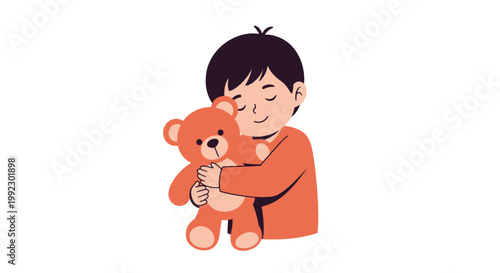 Billede på lærred Boy holding a teddy bear tight.