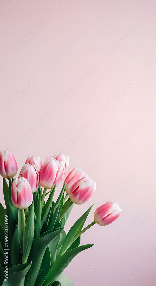 Fototapeta premium Pink tulips on a soft pink background with green leaves and stems