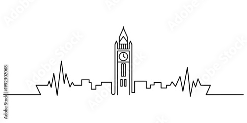 A minimalist linear drawing of the iconic big ben clock tower integrated into a heartbeat pulse line art design. Vector, illustration