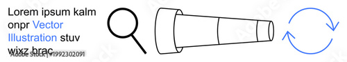 Education, exploration, renewal, analysis, search, navigation. Minimalist sketch of a telescope, magnifying glass and circular arrow with placeholder text. Exploration and analysis concept