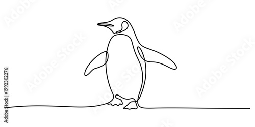 Minimalist continuous single line drawing of a cute penguin standing calmly on a simple clean white background. Vector, illustration