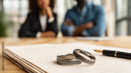 Wedding rings on divorce document with African American woman and man in background. Legal separation agreement after marriage dissolution. Law firm counseling and family conflict concept.