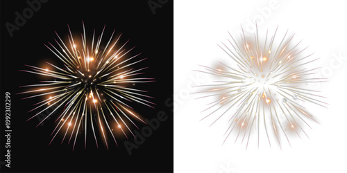 Dramatic golden firework burst with long sparkling light trails and glowing sparks on a transparent background, ideal for celebrations, parties, New Year, Independence Day, event graphics and festive 