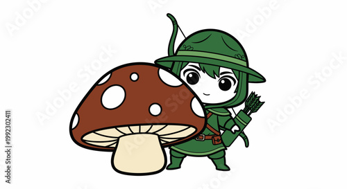 Cartoon elf holding mushroom and bow.