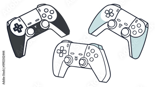 Vector illustration of three game controllers in outline style with controller videogame joystick computer