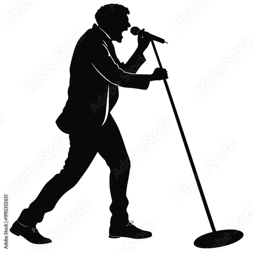 Vector illustration of a male singer performing on stage with musician vocalist performance microphone