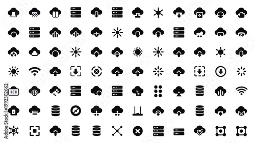 Set of 80 Black Cloud Computing and Data Server Icons Vector
