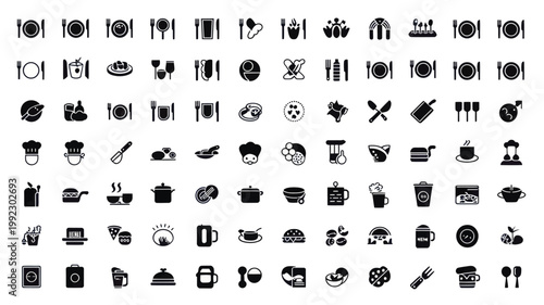 Set of 100 Black Food and Restaurant Icons Vector