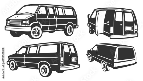 Vector illustration of delivery cargo vans in different angles with transport delivery logistics automotive