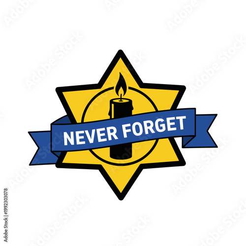 Star symbol with a candle and never forget text: police memorial badge tribute for national police week