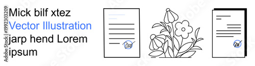 Business approval, identity verification, document management, digital authentication, official paperwork, eco-friendly . Stylized papers, flower icon and verification mark. Business approval