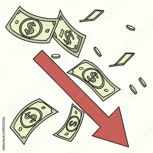 A vector graphic illustration of falling money and a downward red arrow symbolizing financial loss or decline.