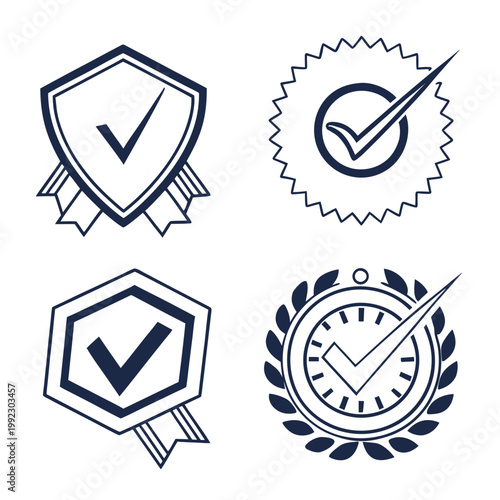 A set of four vector graphic icons featuring checkmarks and symbols of quality and verification