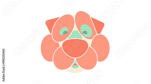 Stylized abstract illustration of a dog's face with overlapping rounded shapes in coral, teal, and cream colors.