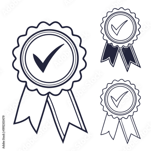 A set of three black and white vector graphic rosette award ribbons with checkmarks