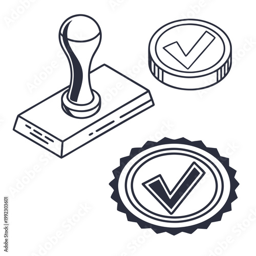 A vector graphic illustration of a rubber stamp and two checkmark seals on a white background