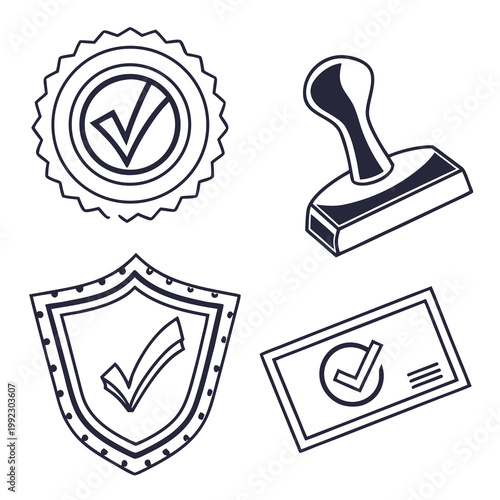 A set of four black and white vector graphics featuring checkmark icons for approval and verification
