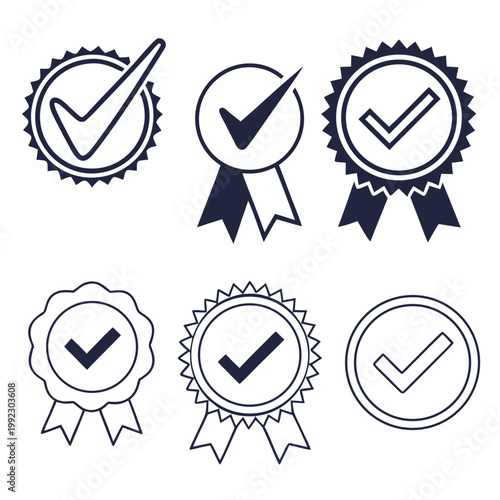 A set of six checkmark icons in various ribbon and seal designs, symbolizing approval and verification.