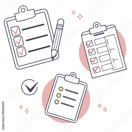 A vector graphic illustration of three clipboards with checklists and a checkmark symbol