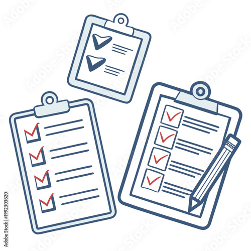 A vector graphic illustration of three clipboards with checklists and a pencil